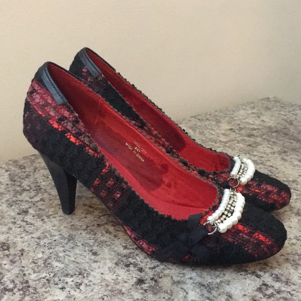 Tweed Red and Black Heels